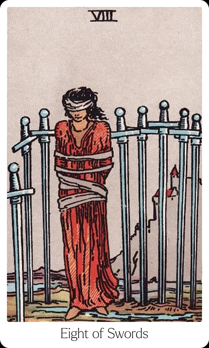 Eight of Swords tarot card — Original 1909 Rider-Waite-Smith illustration