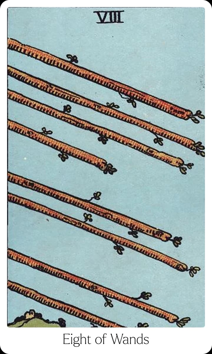 Eight of Wands tarot card — Original 1909 Rider-Waite-Smith illustration