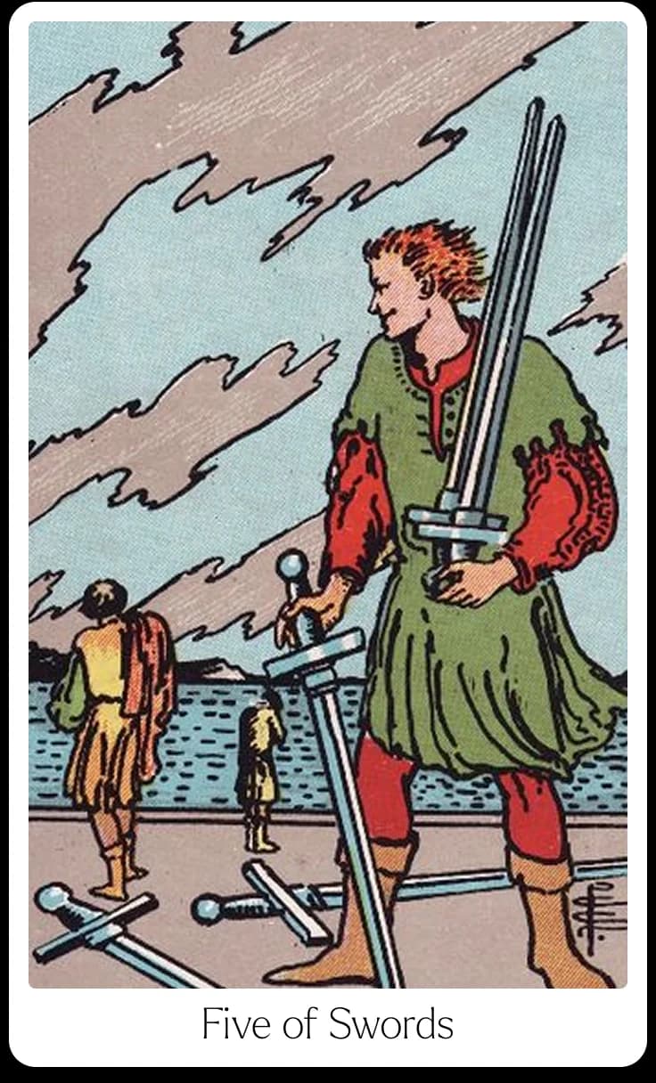 Five of Swords tarot card — Original 1909 Rider-Waite-Smith illustration