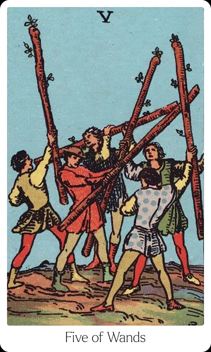 Five of Wands tarot card — Original 1909 Rider-Waite-Smith illustration