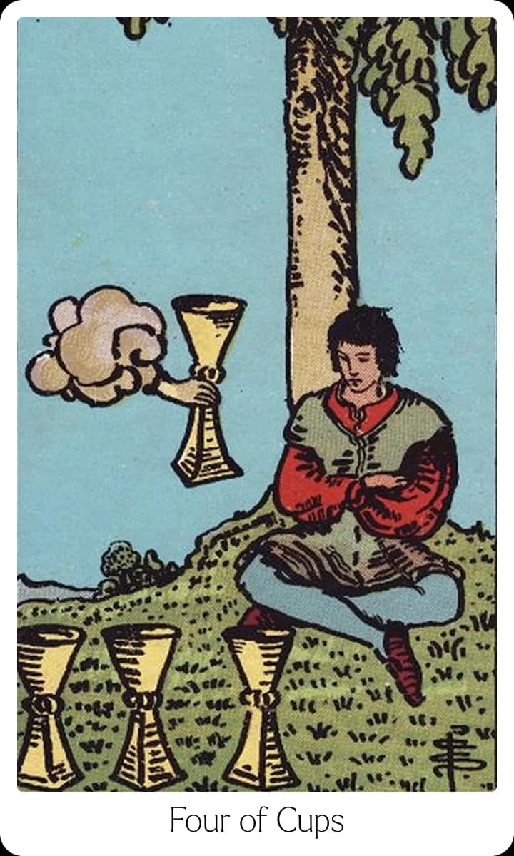 Four of Cups tarot card — Original 1909 Rider-Waite-Smith illustration