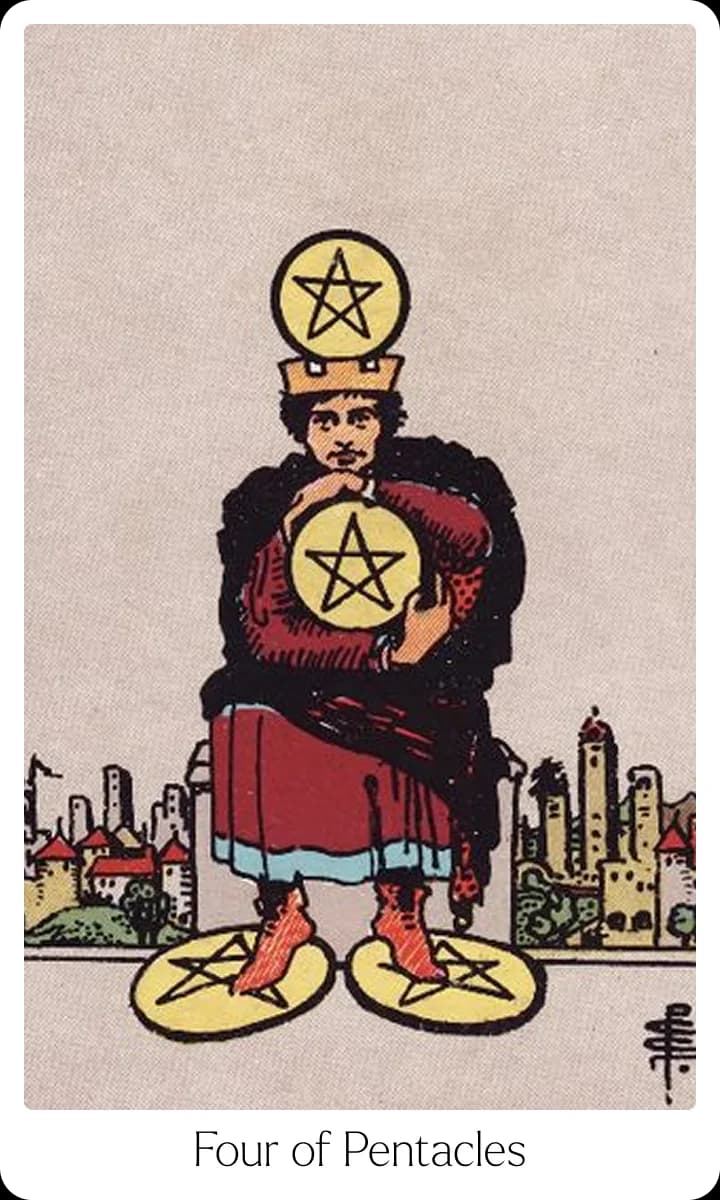 Four of Pentacles tarot card — Original 1909 Rider-Waite-Smith illustration