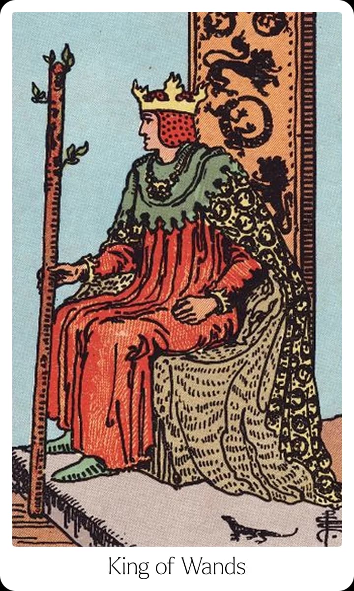 King of Wands tarot card — Original 1909 Rider-Waite-Smith illustration