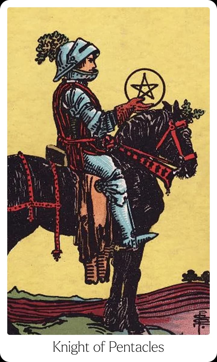 Knight of Pentacles tarot card — Original 1909 Rider-Waite-Smith illustration