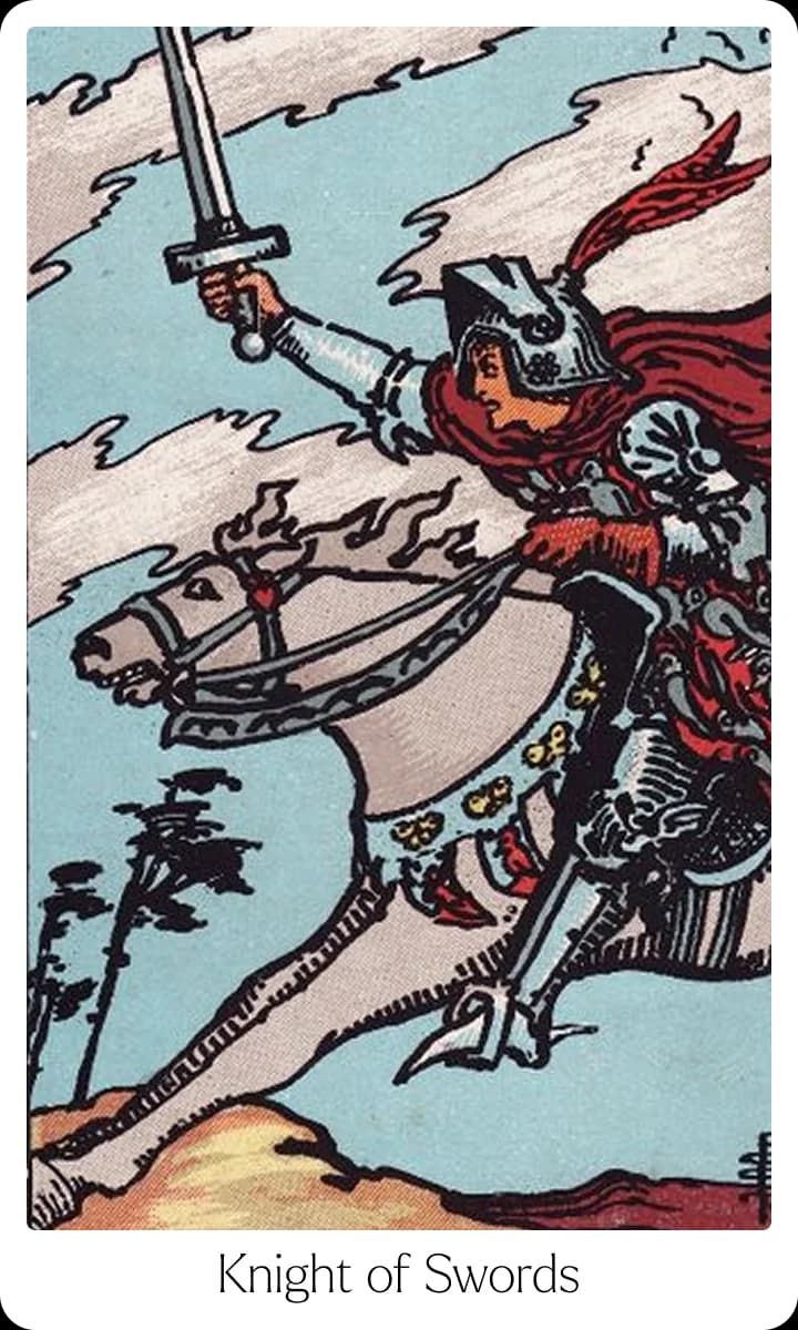 Knight of Swords tarot card — Original 1909 Rider-Waite-Smith illustration