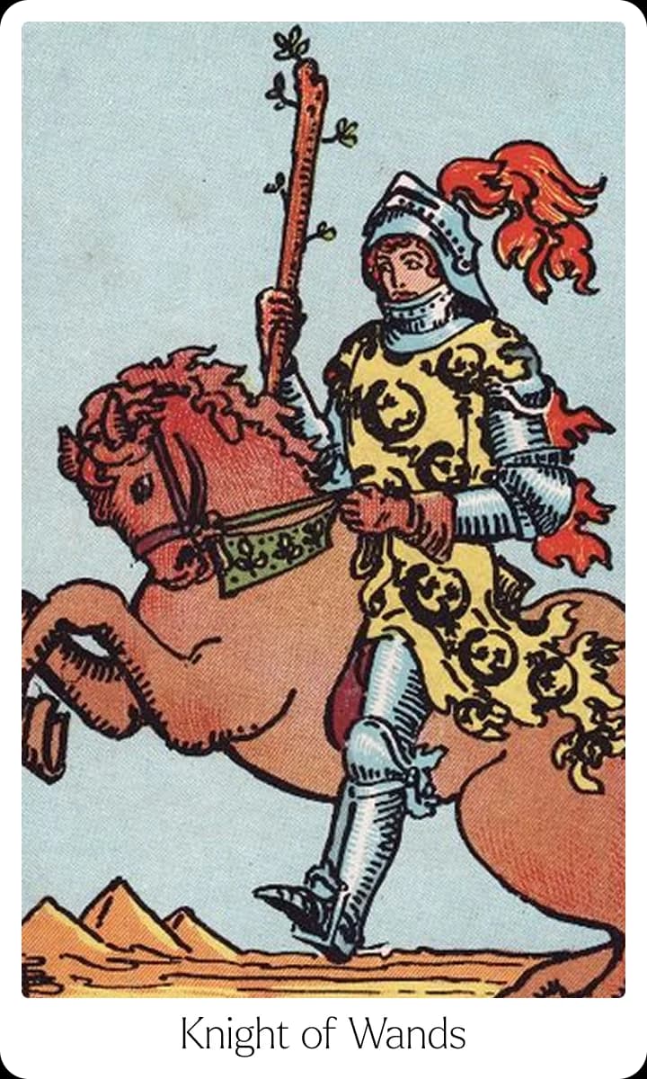 Knight of Wands tarot card — Original 1909 Rider-Waite-Smith illustration