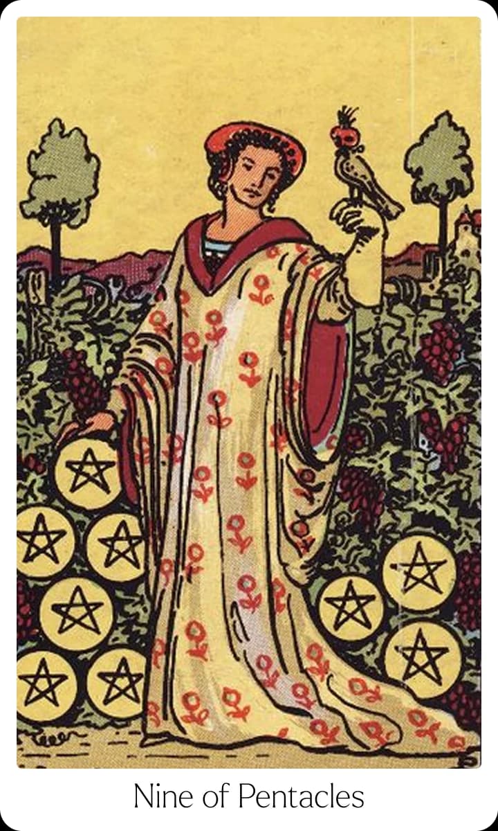 Nine of Pentacles tarot card — Original 1909 Rider-Waite-Smith illustration