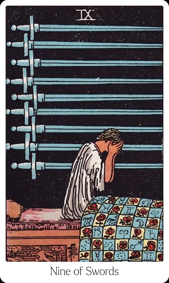 Nine of Swords tarot card — Original 1909 Rider-Waite-Smith illustration