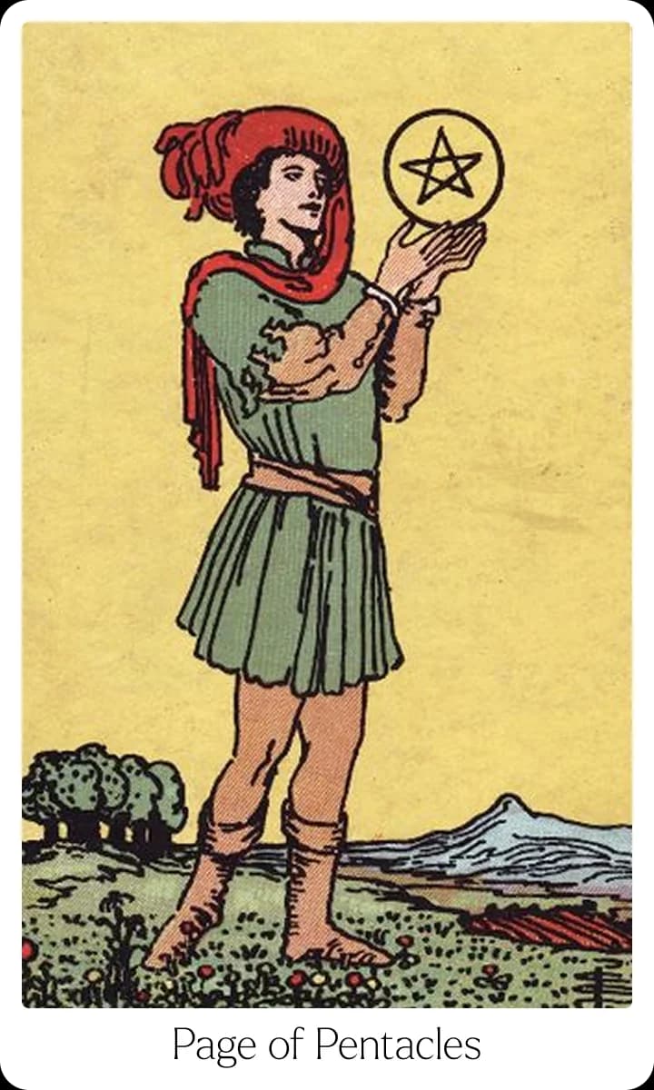 Page of Pentacles tarot card — Original 1909 Rider-Waite-Smith illustration
