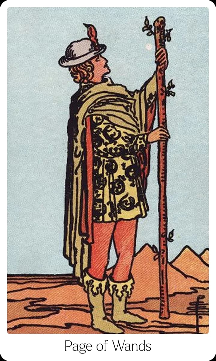 Page of Wands tarot card — Original 1909 Rider-Waite-Smith illustration