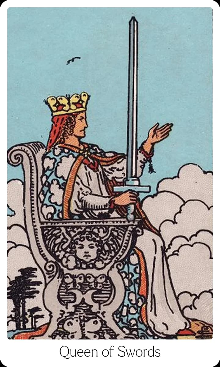 Queen of Swords tarot card — Original 1909 Rider-Waite-Smith illustration