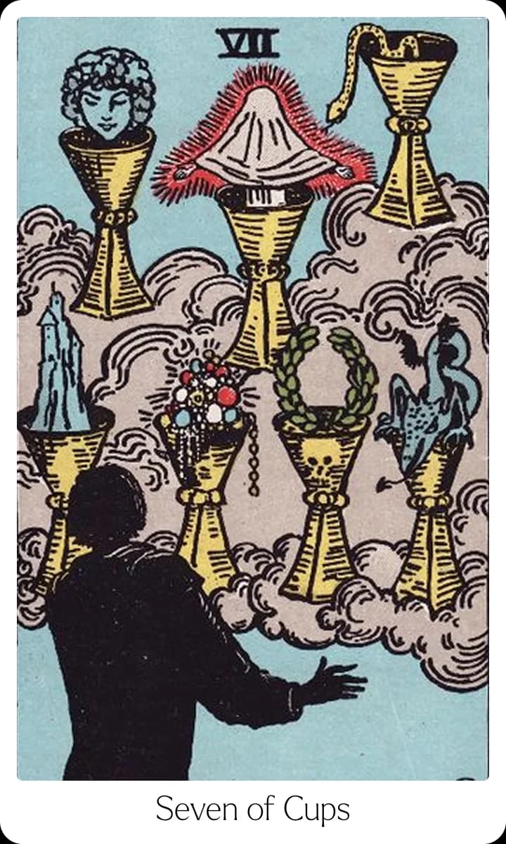 Seven of Cups tarot card — Original 1909 Rider-Waite-Smith illustration