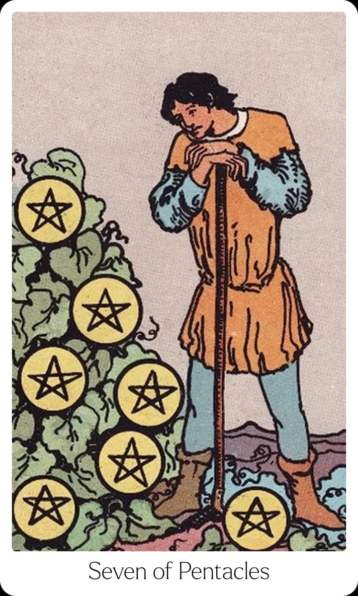 Seven of Pentacles tarot card — Original 1909 Rider-Waite-Smith illustration