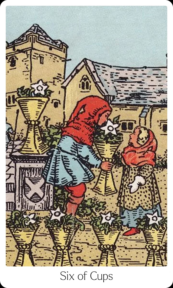 Six of Cups tarot card — Original 1909 Rider-Waite-Smith illustration