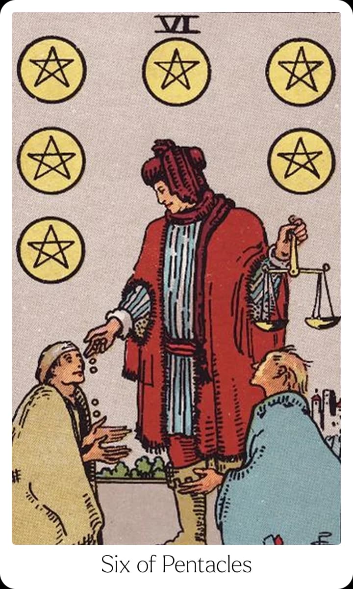 Six of Pentacles tarot card — Original 1909 Rider-Waite-Smith illustration