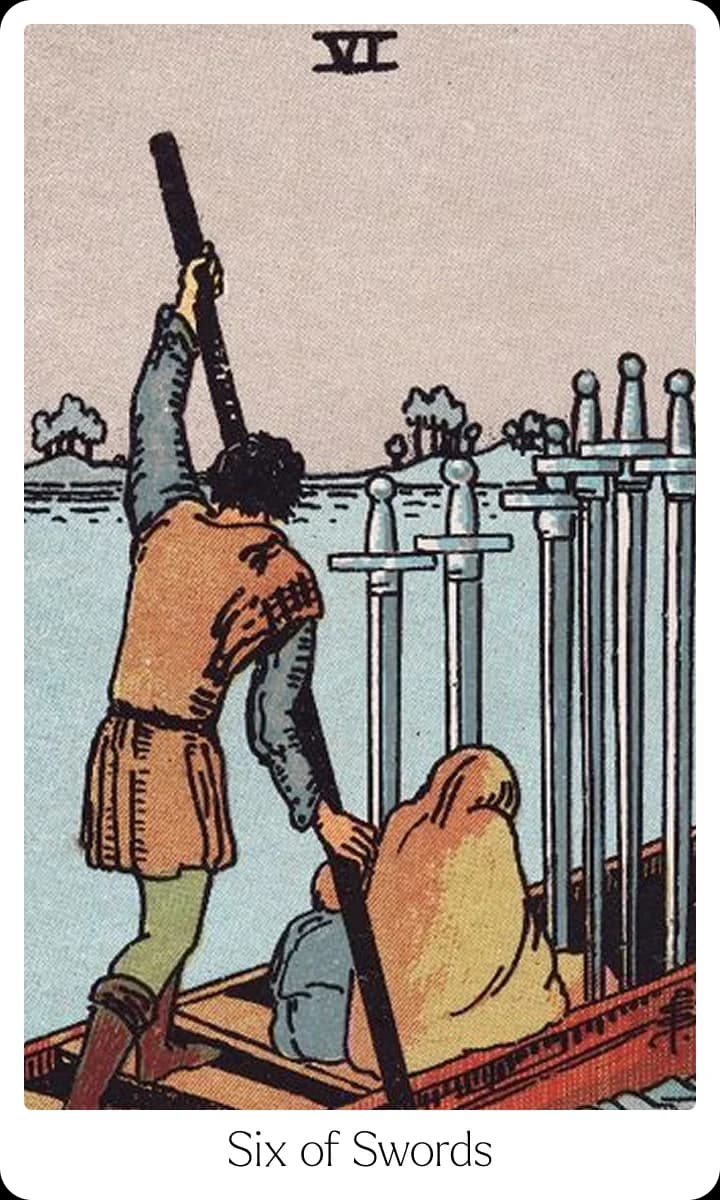 Six of Swords tarot card — Original 1909 Rider-Waite-Smith illustration