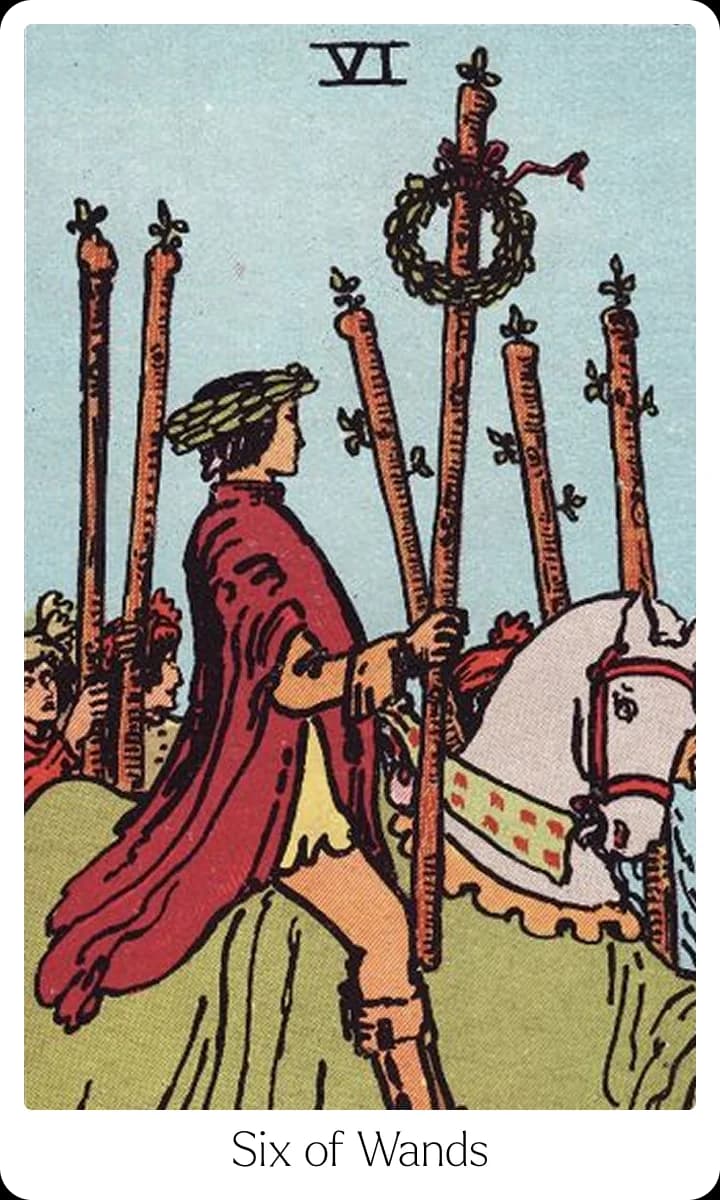 Six of Wands tarot card — Original 1909 Rider-Waite-Smith illustration