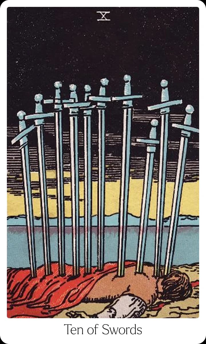 Ten of Swords tarot card — Original 1909 Rider-Waite-Smith illustration