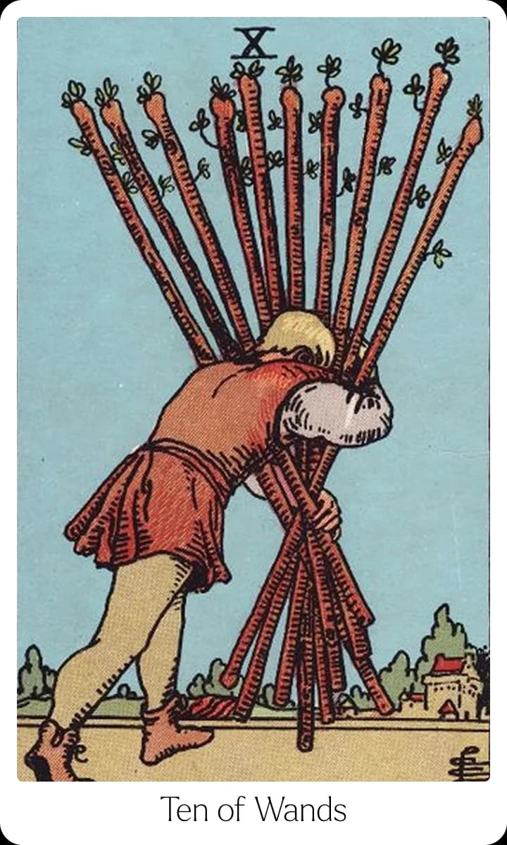 Ten of Wands tarot card — Original 1909 Rider-Waite-Smith illustration