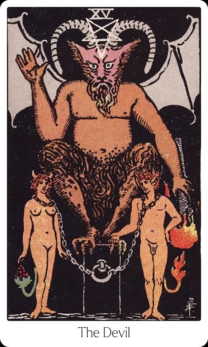 The Devil tarot card — Original 1909 Rider-Waite-Smith illustration