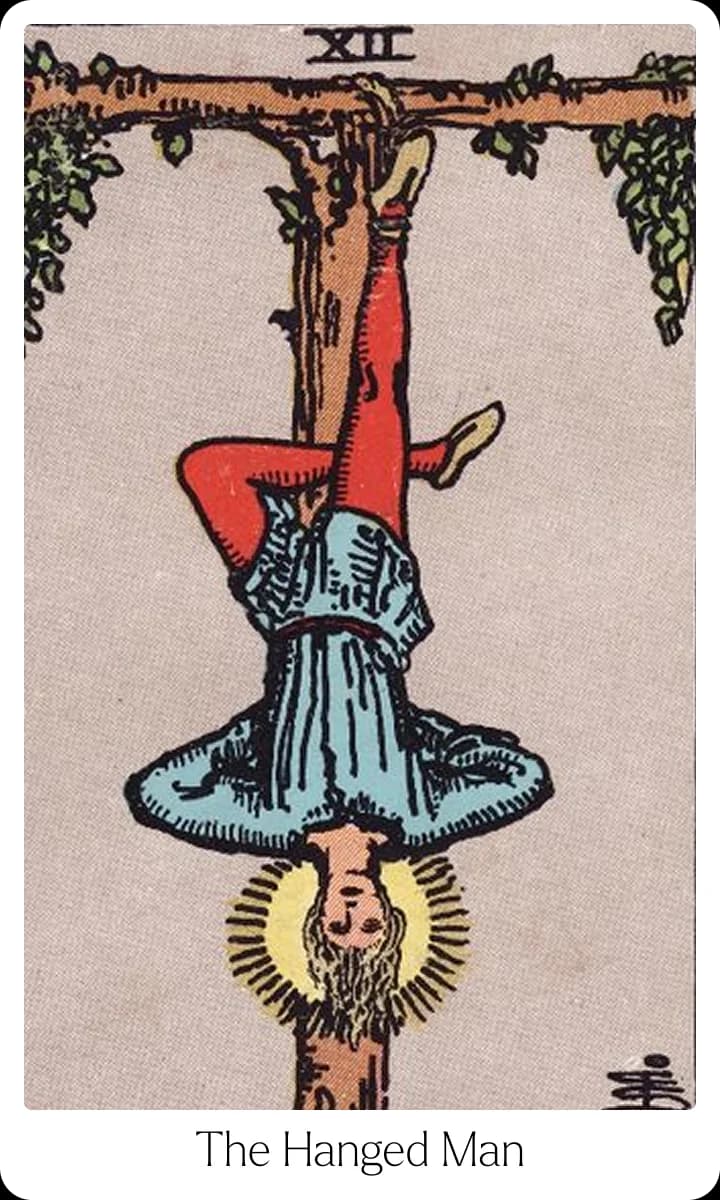 The Hanged Man tarot card — Original 1909 Rider-Waite-Smith illustration