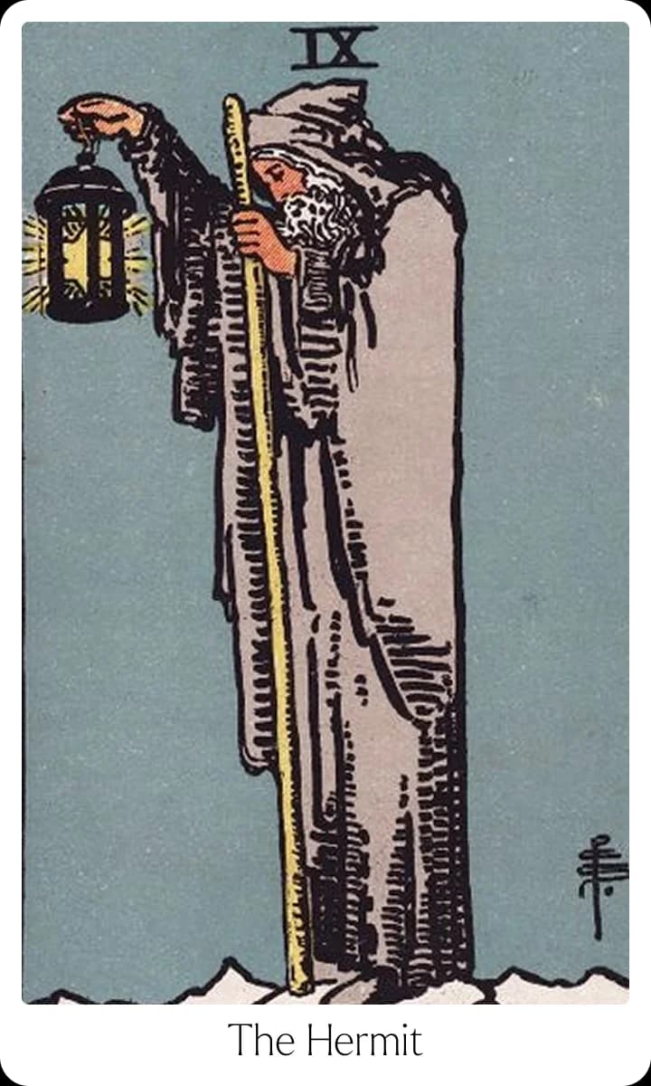 The Hermit tarot card — Original 1909 Rider-Waite-Smith illustration