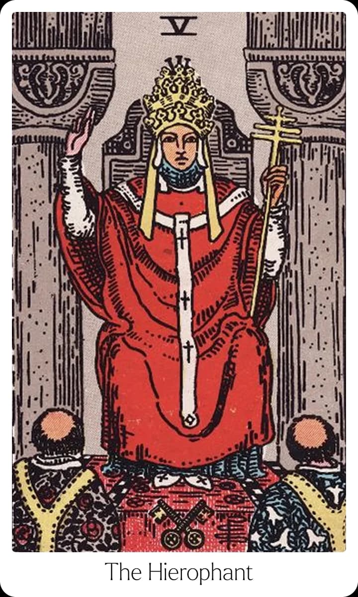 The Hierophant tarot card — Original 1909 Rider-Waite-Smith illustration