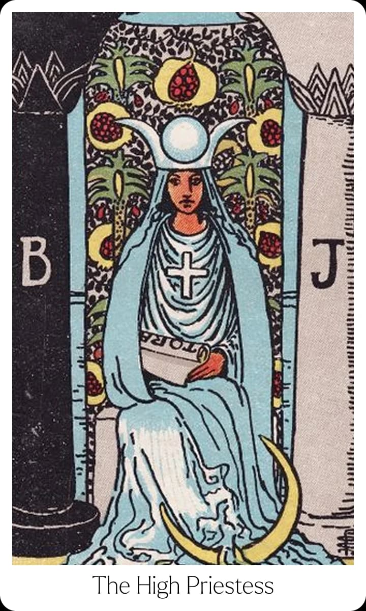 The High Priestess tarot card — Original 1909 Rider-Waite-Smith illustration