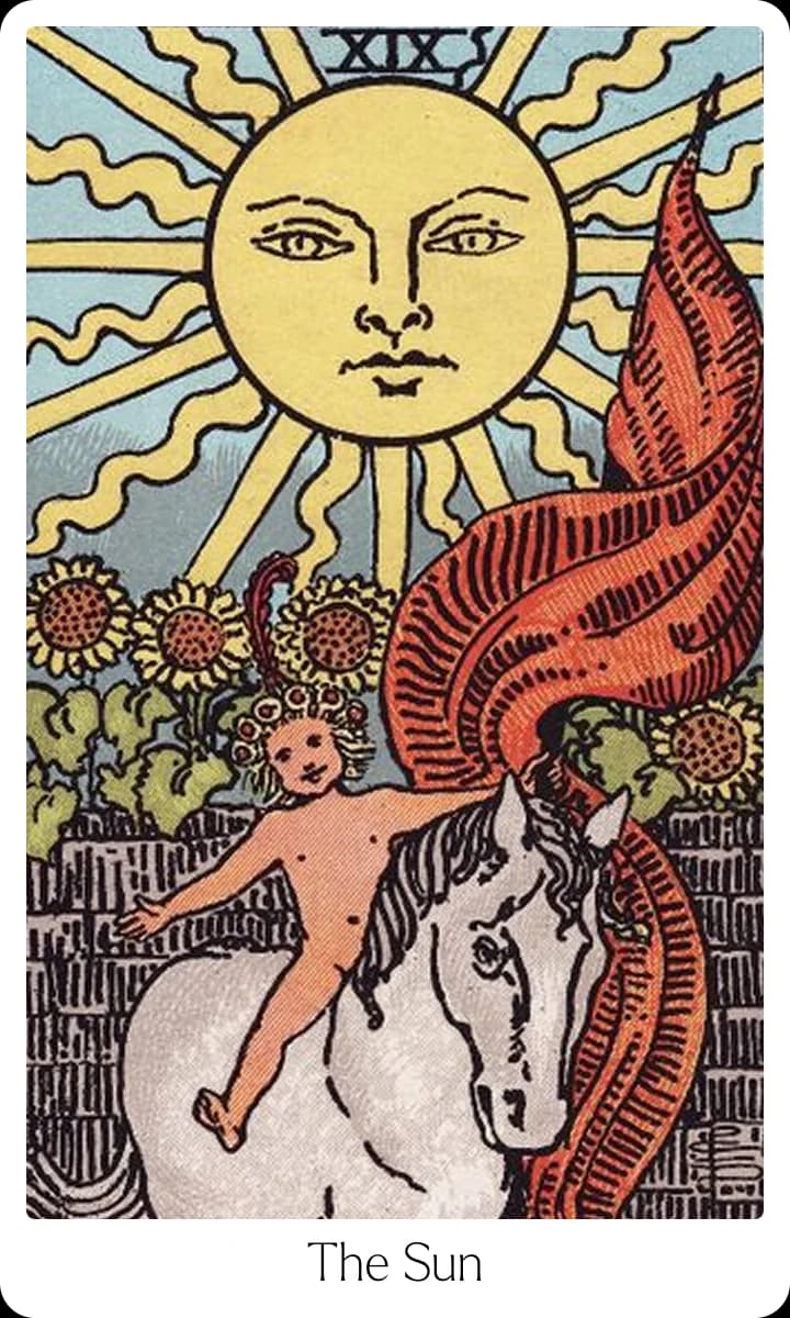 The Sun tarot card — Original 1909 Rider-Waite-Smith illustration