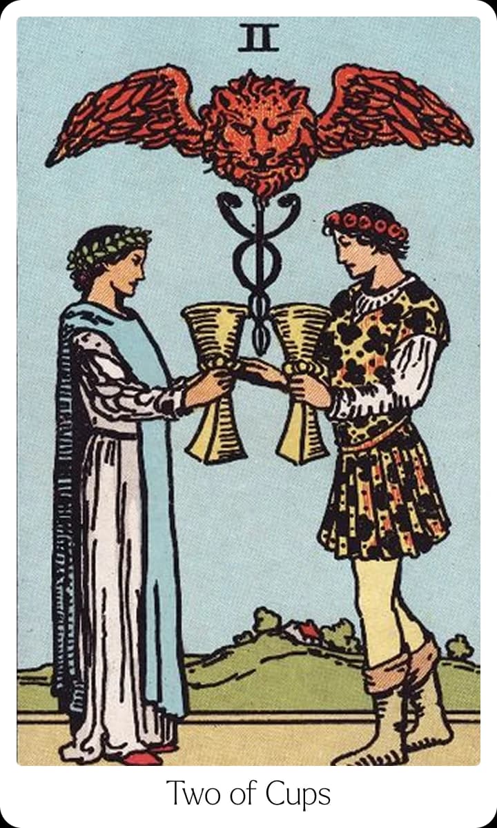Two of Cups tarot card — Original 1909 Rider-Waite-Smith illustration