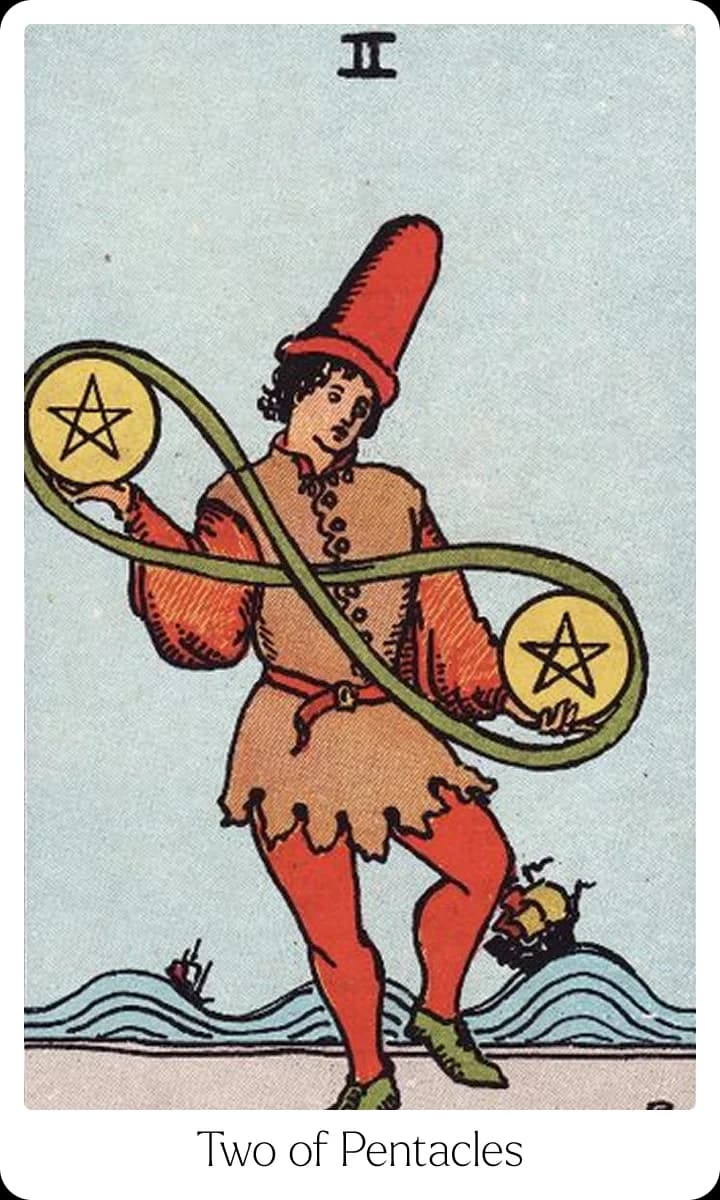 Two of Pentacles tarot card — Original 1909 Rider-Waite-Smith illustration