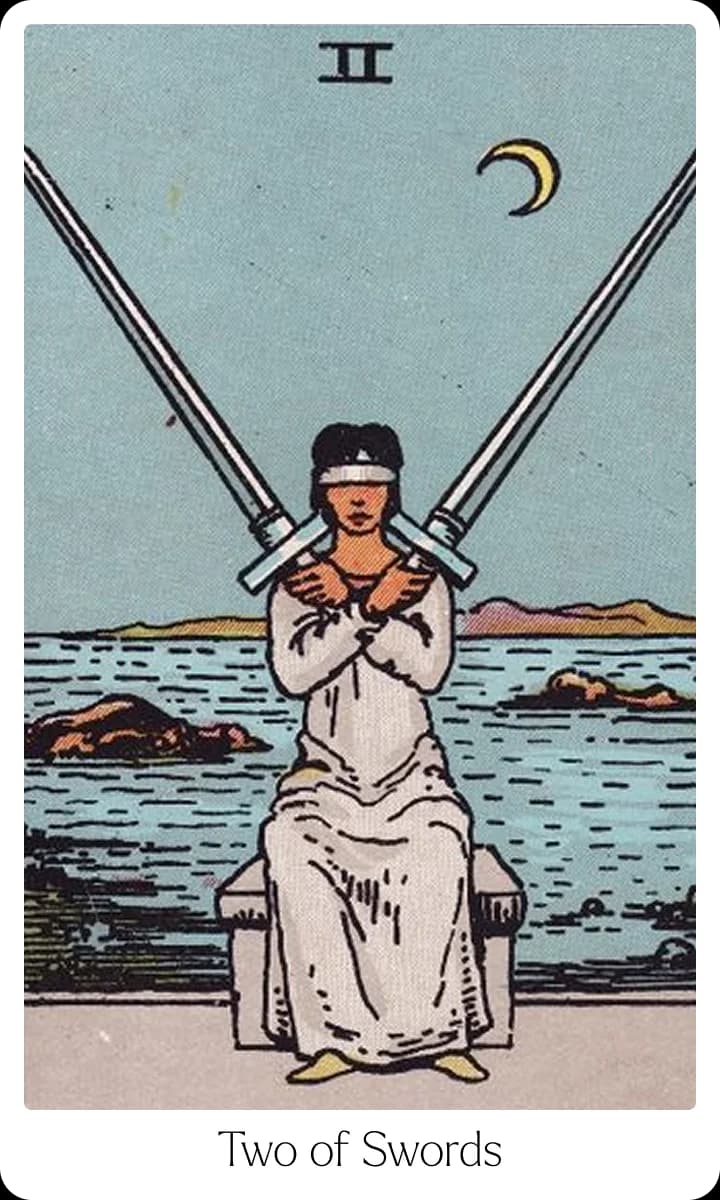 Two of Swords tarot card — Original 1909 Rider-Waite-Smith illustration