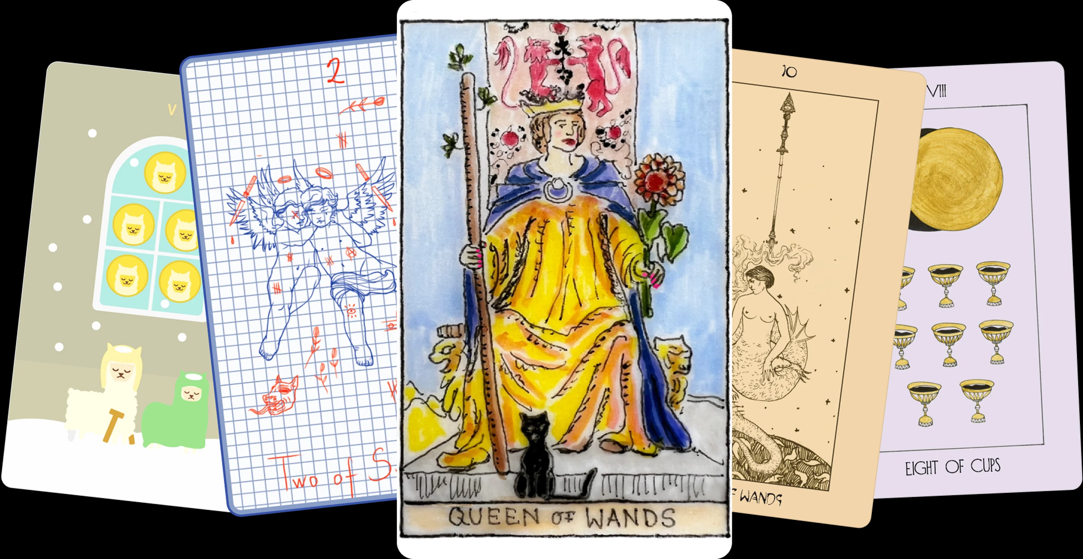 A fan of five tarot cards from different community decks including Queen of Wands, Eight of Cups, and Ten of Wands