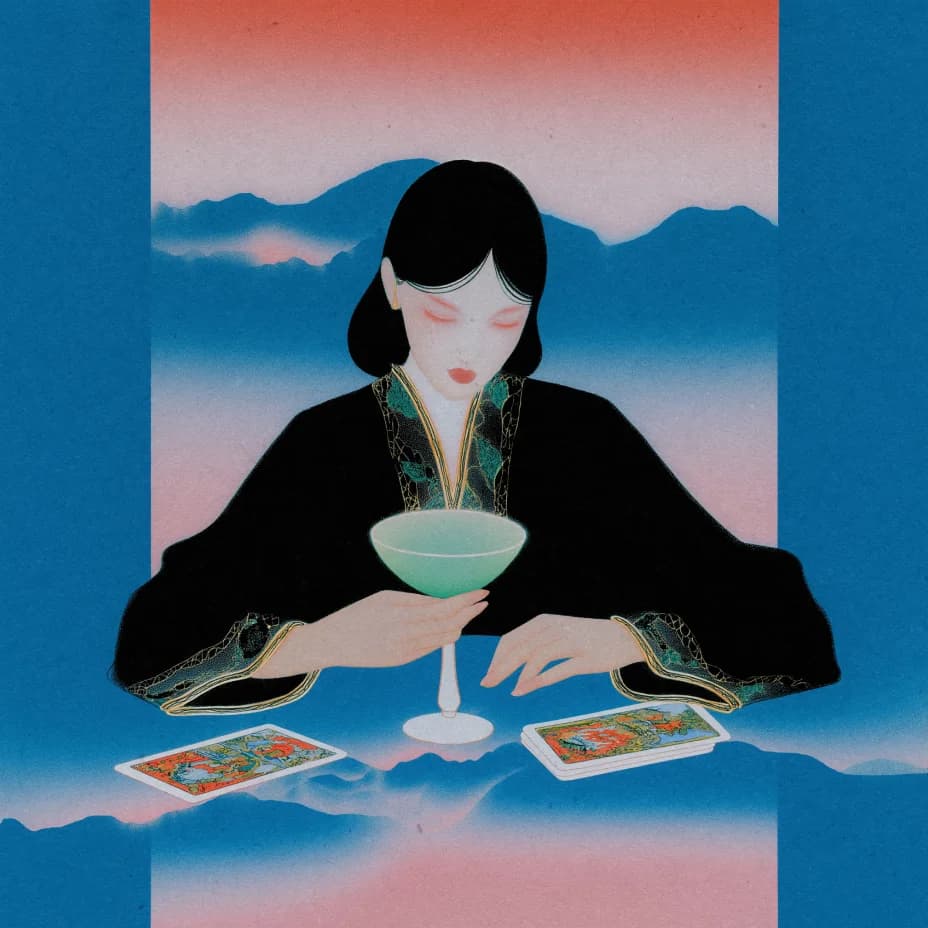 Tarot card reader with cards and bowl